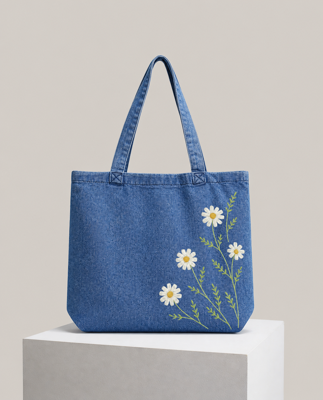 Flower Blue Denim Tote Bag