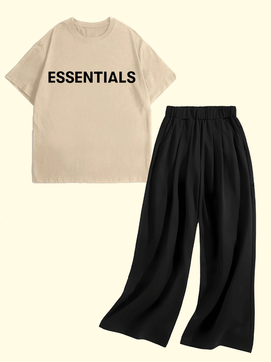 Essentials Oversized Tracksuit - Off White T-shirt With Wide Leg Black Trouser