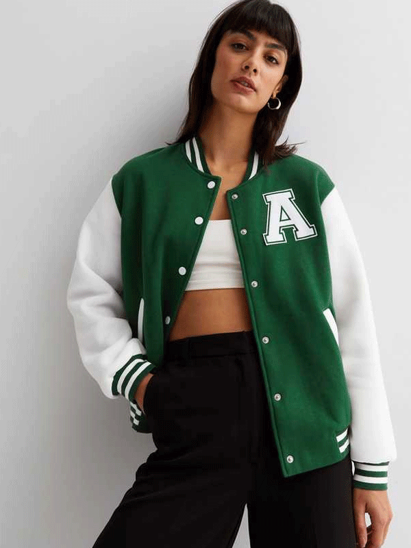 Green and White Baseball Jacket -A PRINTED