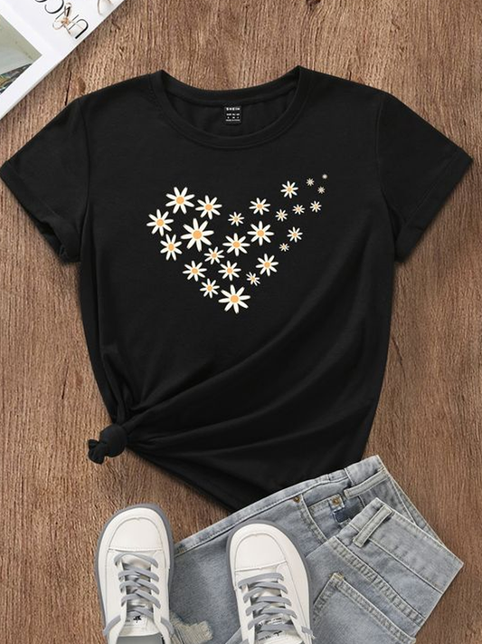 Heart Daisy Tshirt - Black