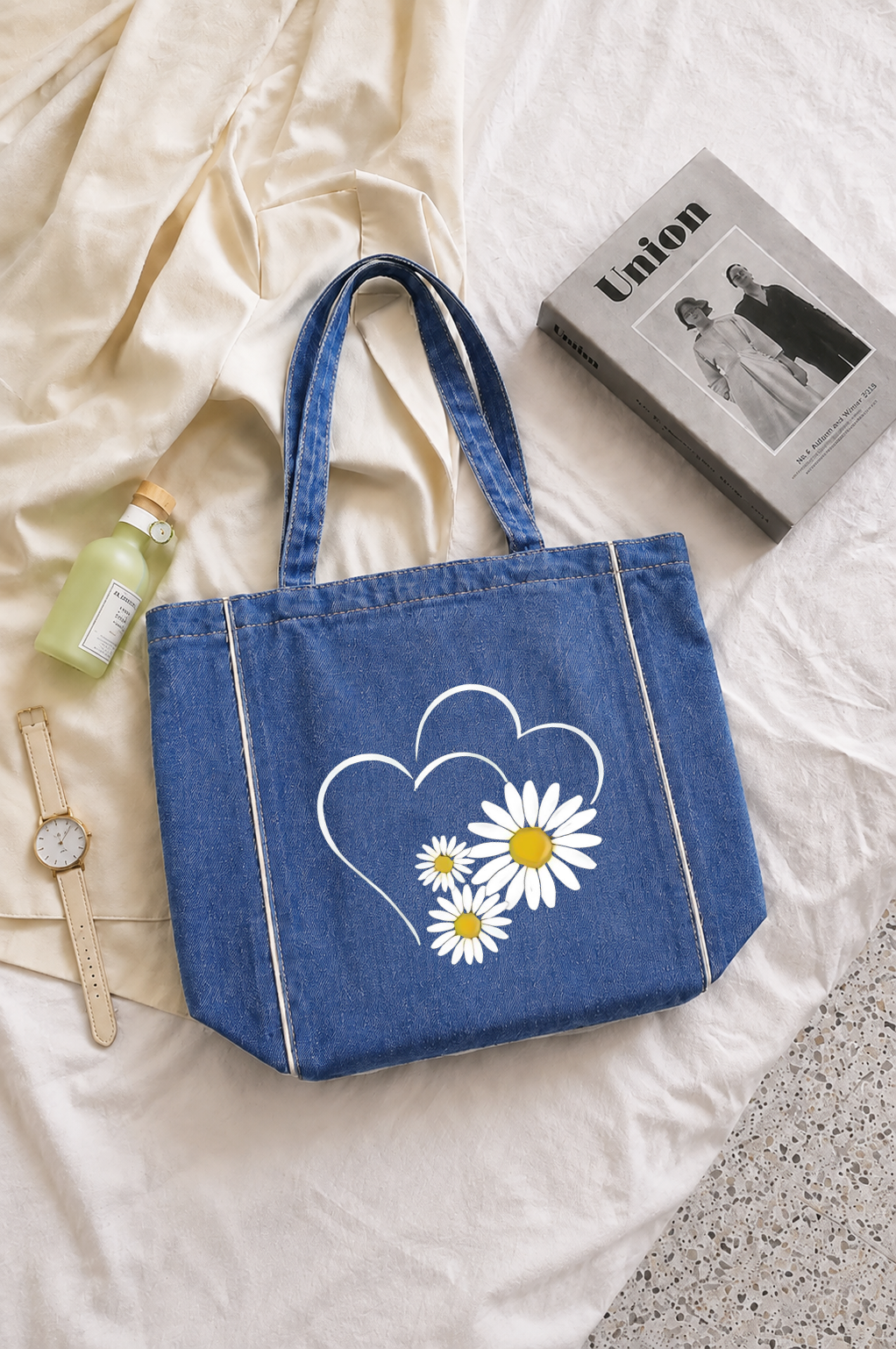 Hearts White Stripes Zipped Tote Bag - Washed Denim Blue
