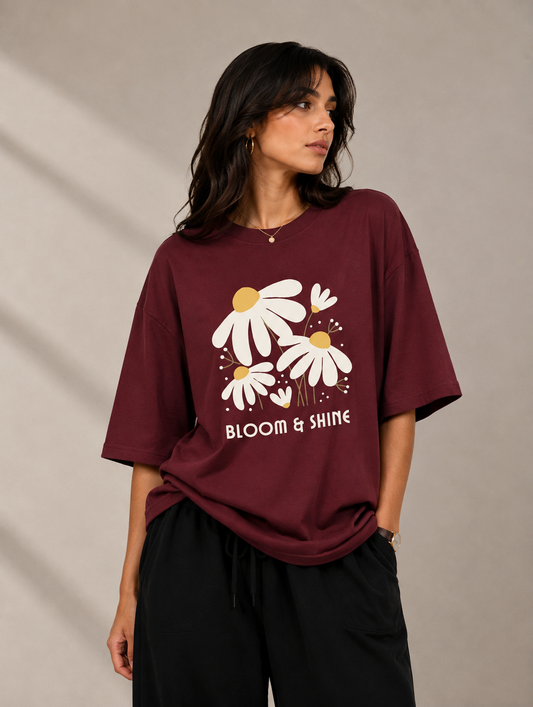 Bloom and Shine Oversized Tshirt - Maroon