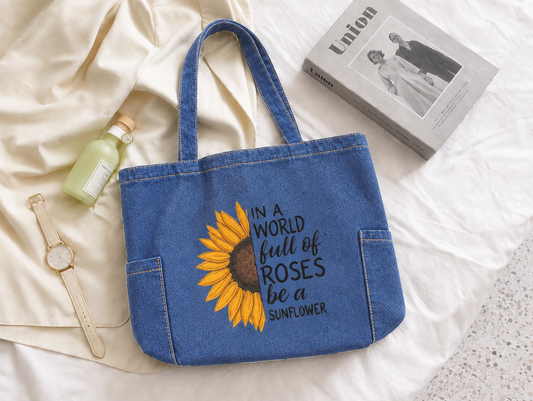 Be A Sunflower Zipped Tote Bag - Washed Denim Blue