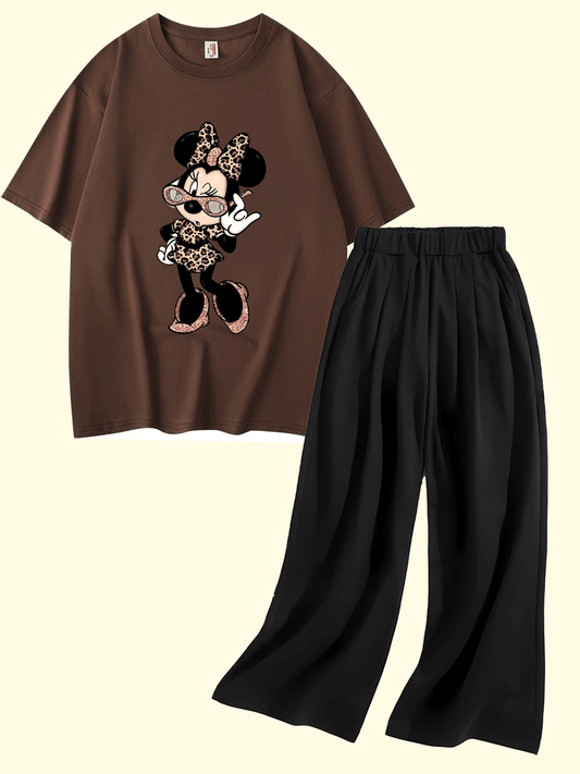 Minni Mouse Oversized Tracksuit - Brown Tshirt Black Trouser
