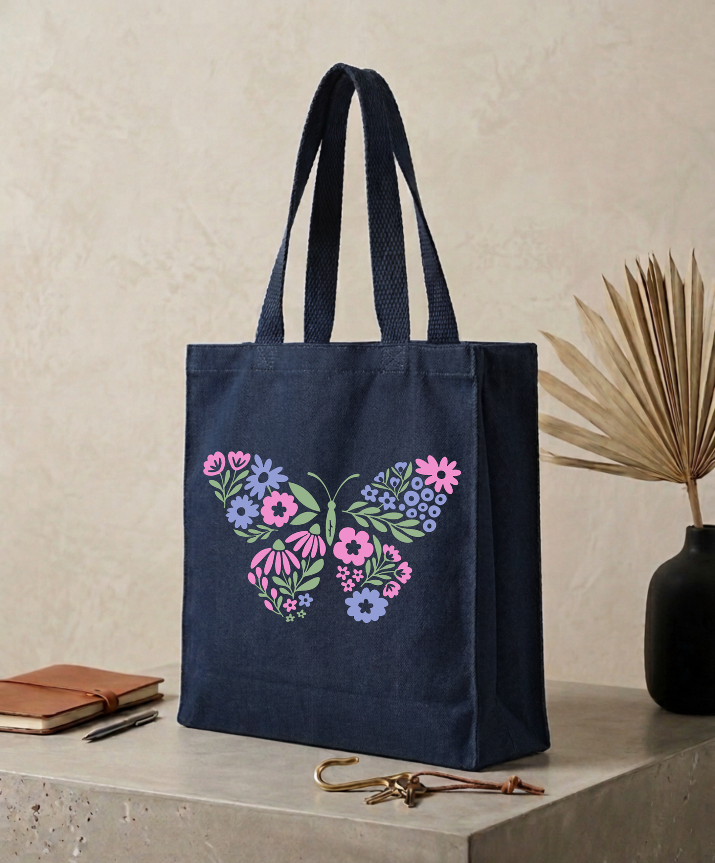 Navy Blue Canvas Flower Butterfly Tote Bag (NEW ARRIVAL)