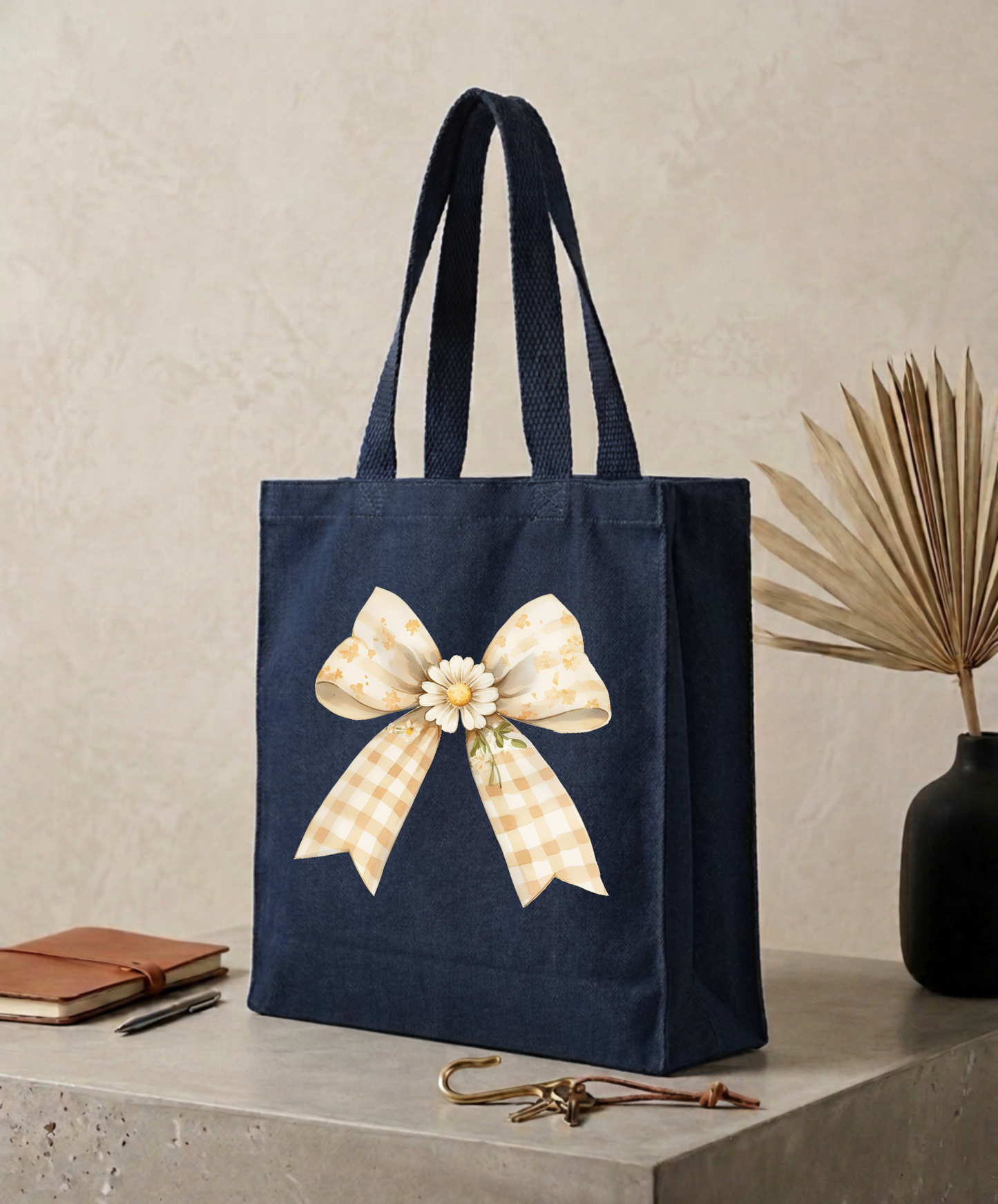 Navy Blue Canvas Daisy Bow Tote Bag (NEW ARRIVAL)