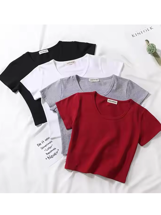 Pack of 4 Crop Basic Tshirts-Red-Grey-Back-White