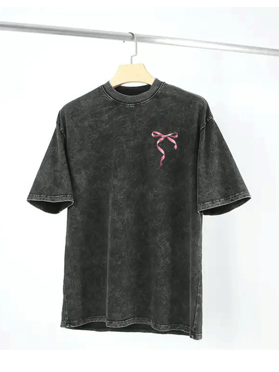 Pink Bow Acid Wash Grey Tshirt