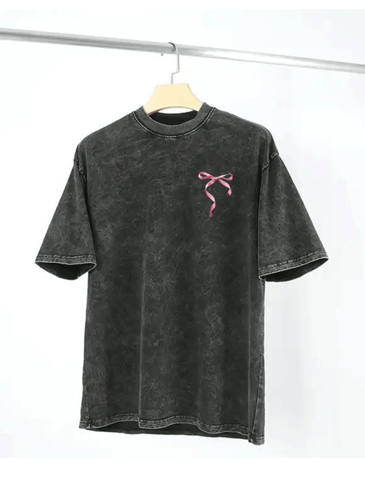 Pink Bow Acid Wash Grey Tshirt