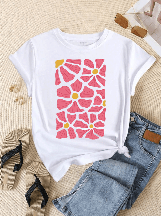 Pink Flower Art Tshirt - White