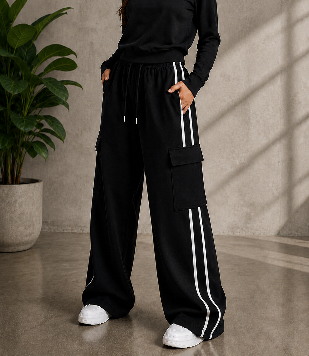 Wide Leg Striped Cargo Trouser For Summers - Black