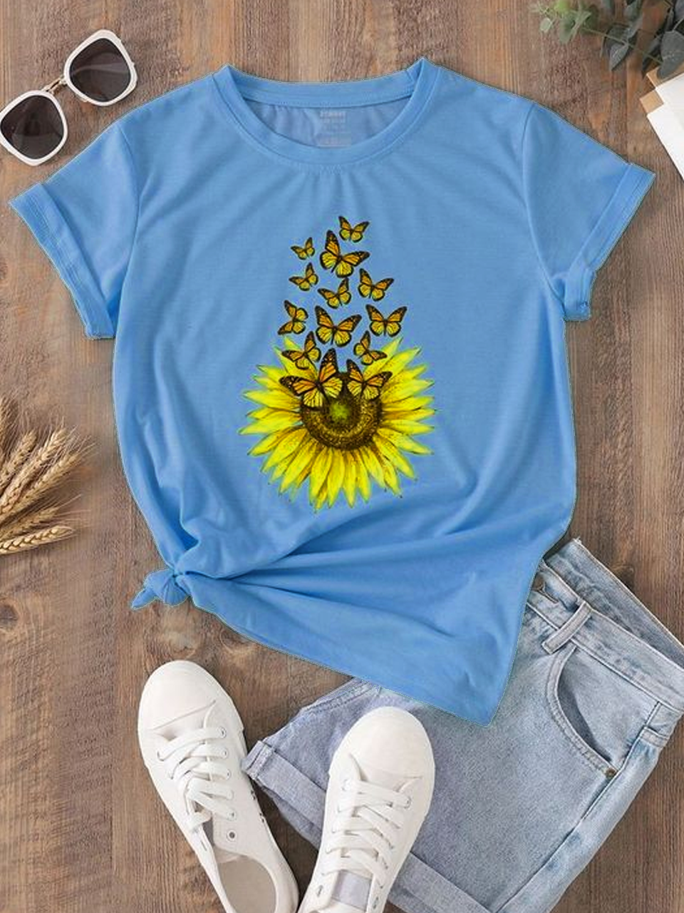 Sunflower Butterfly Tshirt - Sky Blue